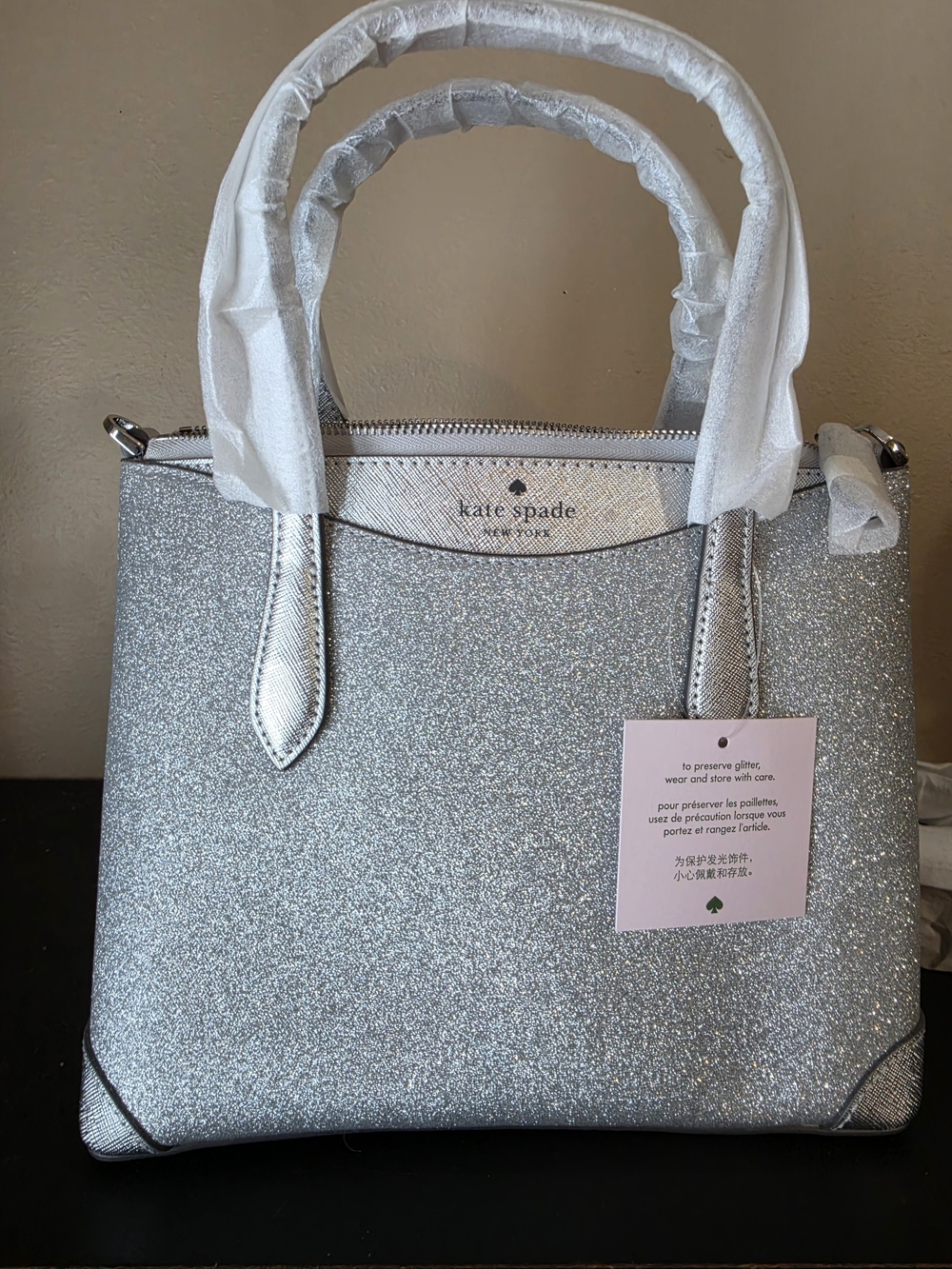 NWOT/Unused Kate Spade Glimmer Silver Glitter Satchel + Wallet Set Lunar Light